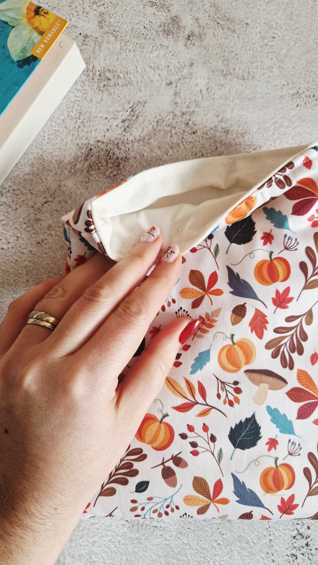 Housse à livre feuilles d'automne et coton naturel