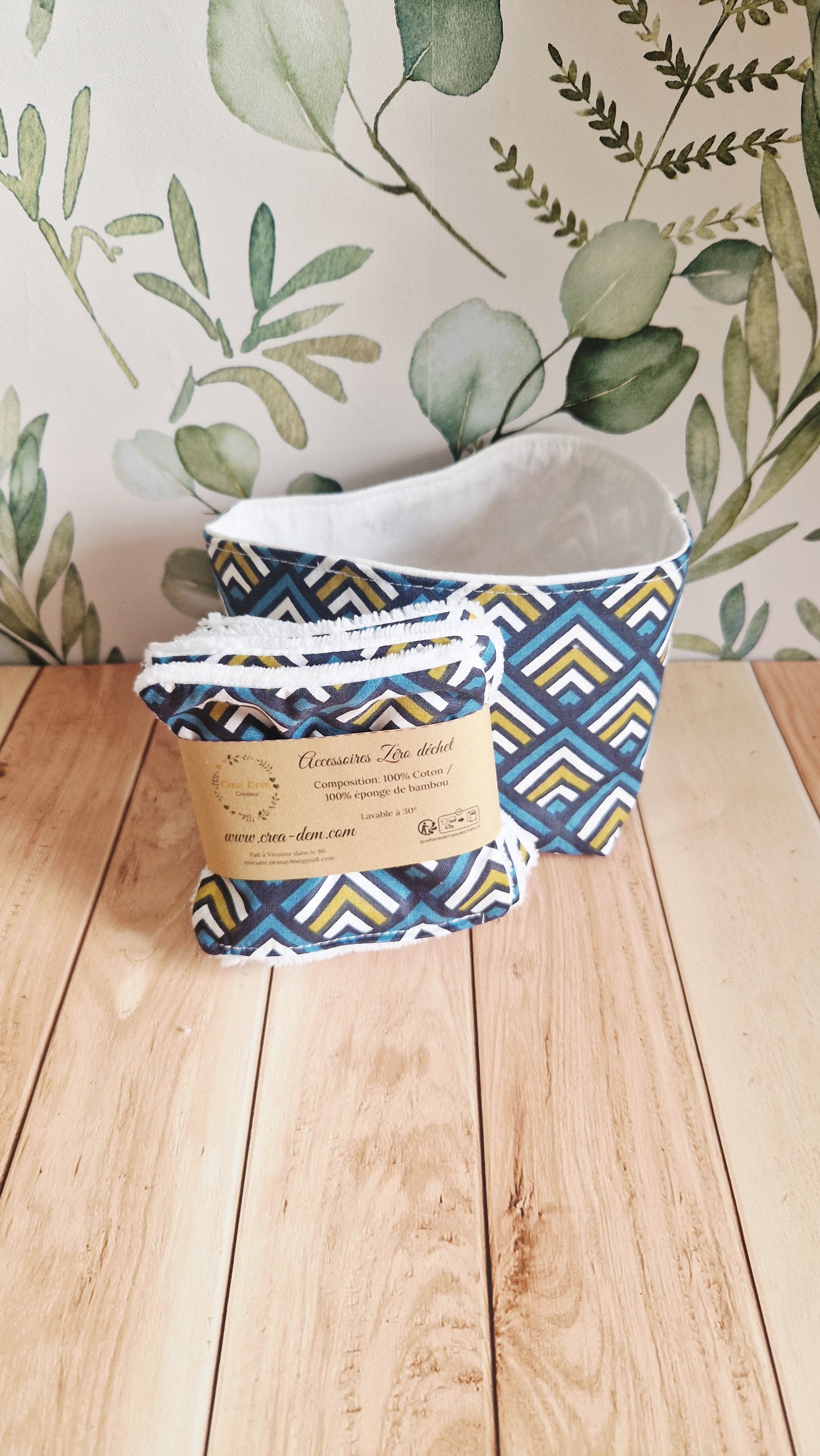 Lot 5 lingettes + panière geo bleu