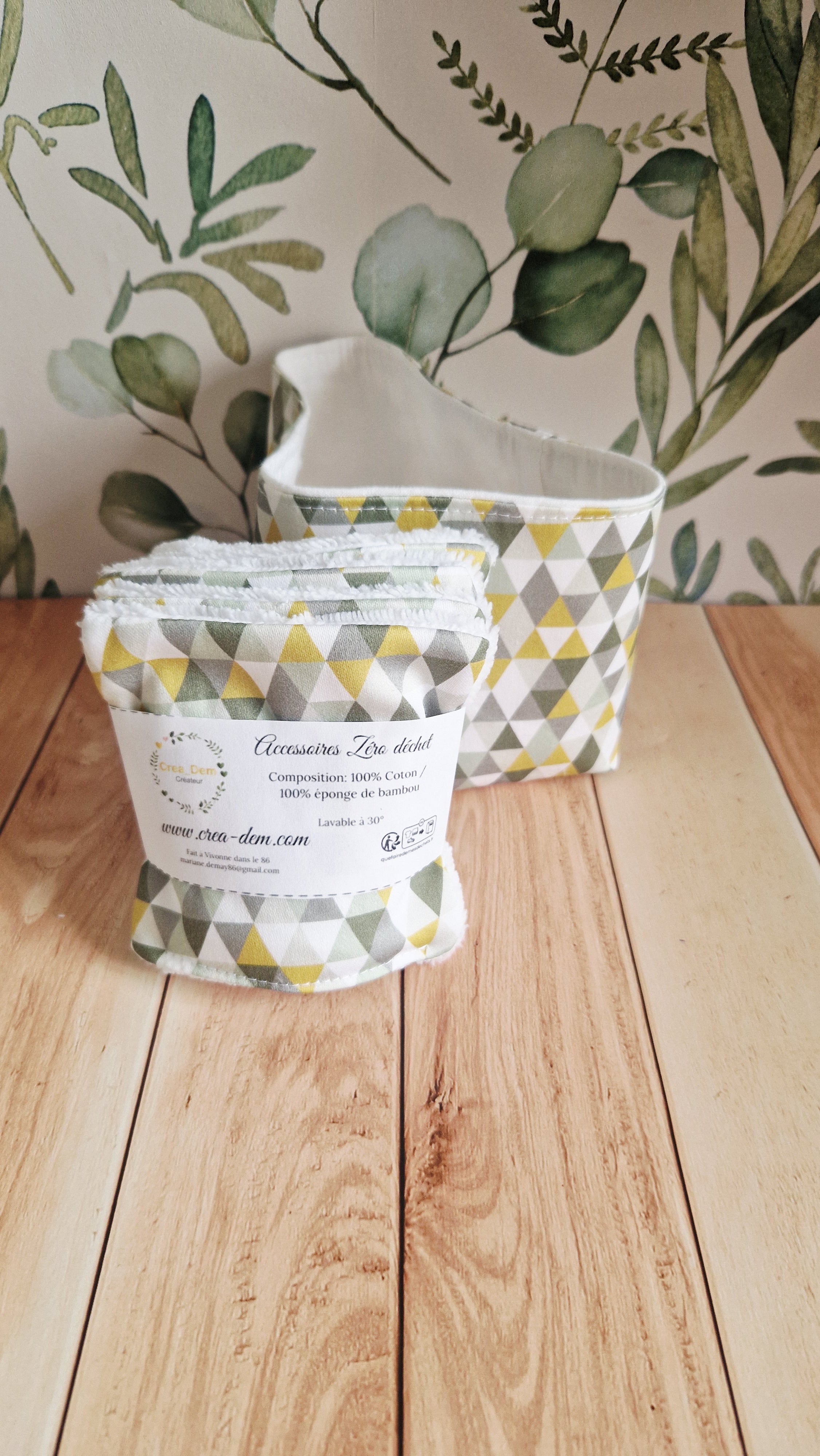 Lot 5 lingettes + panière triangles vert