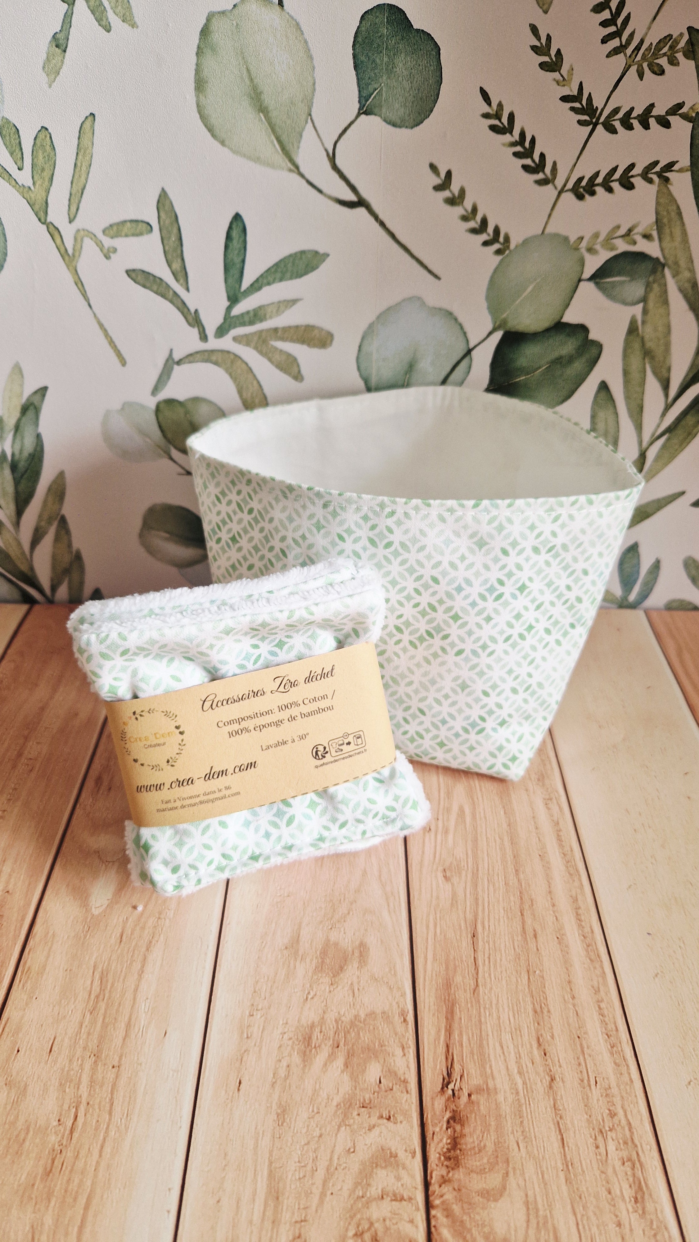 Lot 5 lingettes + panière geo vert