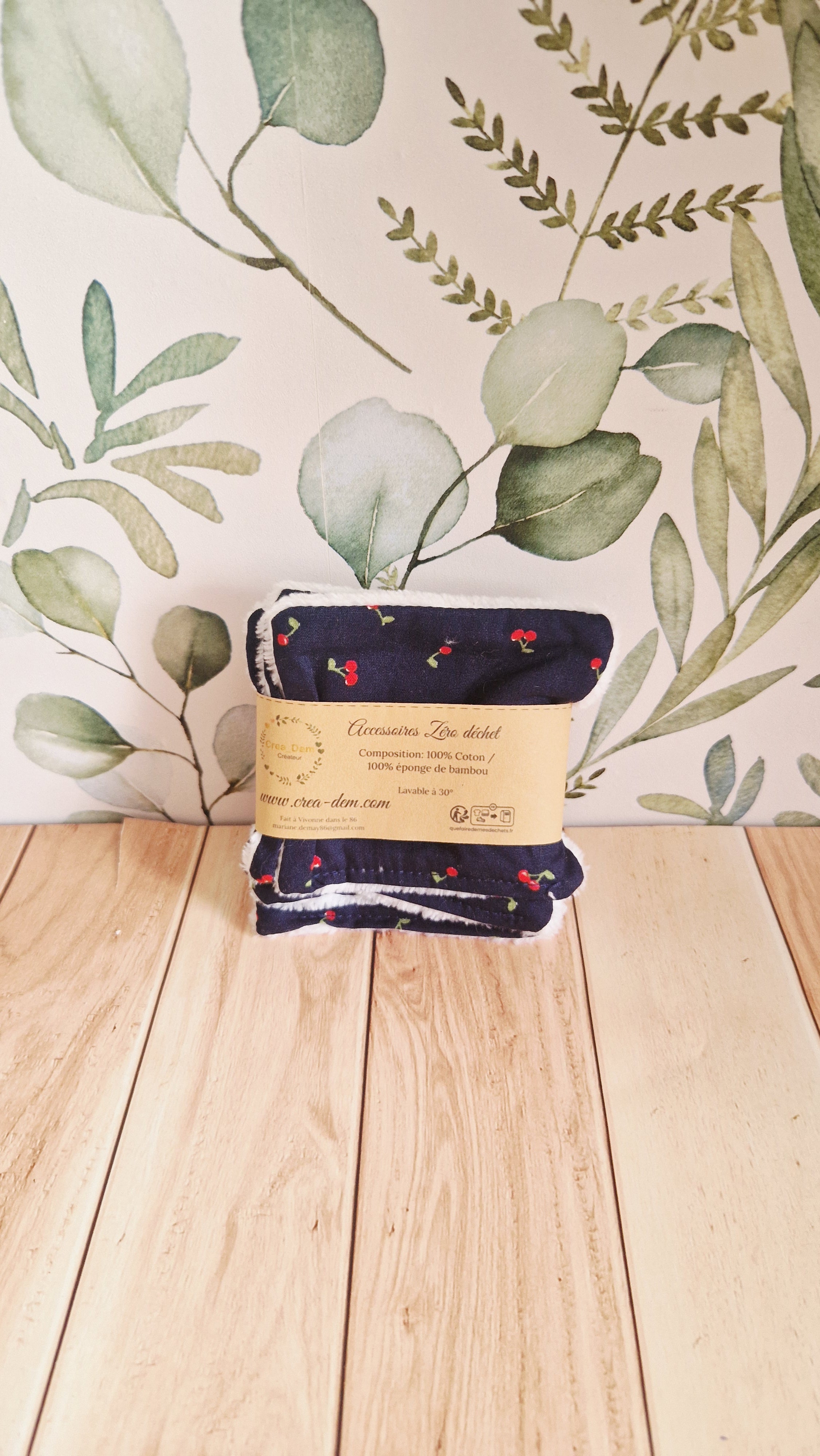 Lot 5 lingettes cerises fond bleu