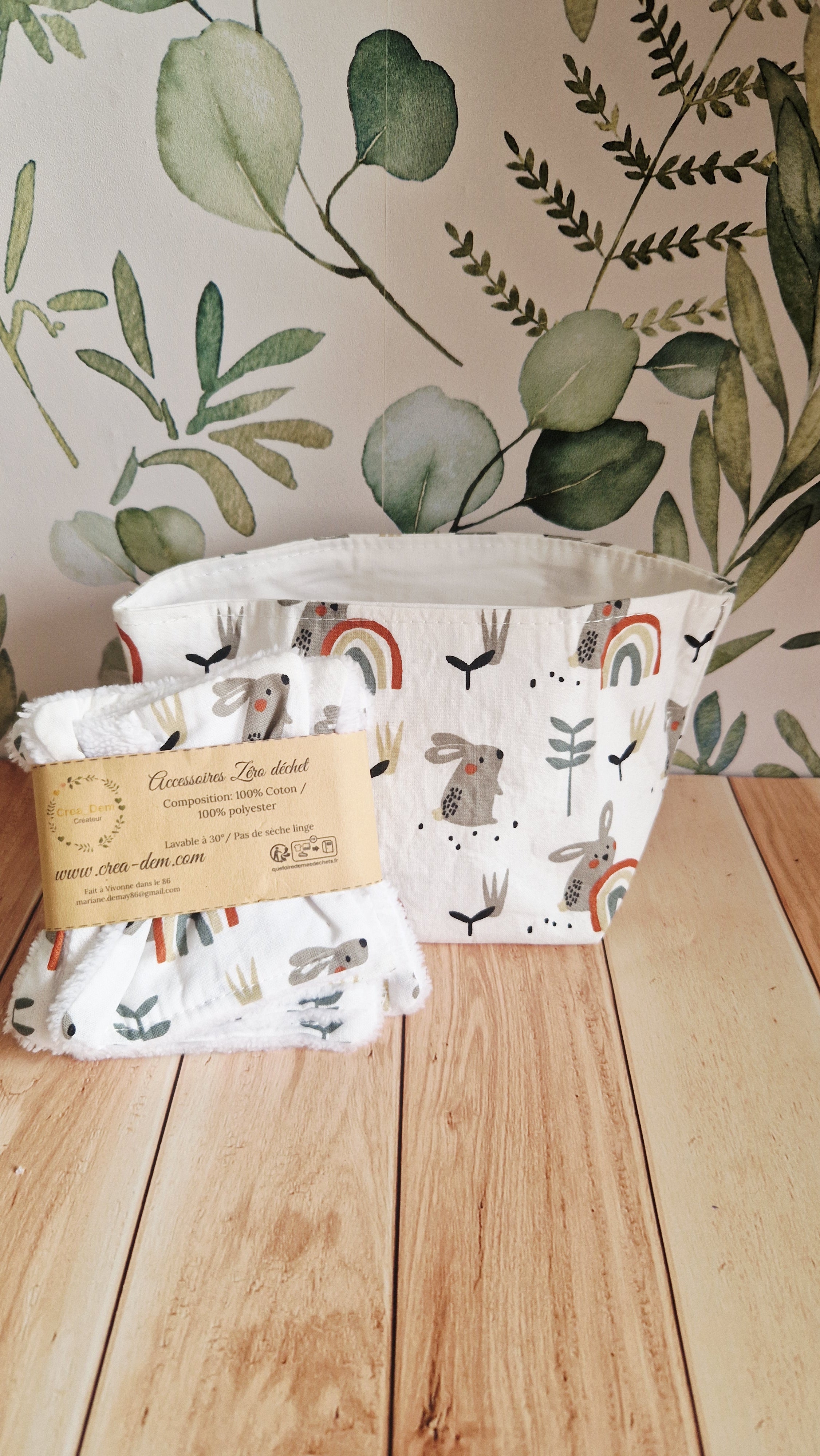 Lot 5 lingettes + panière lapins